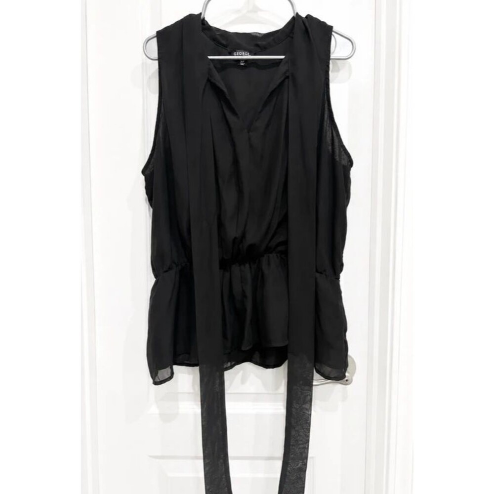 George Womenโs XL Black Sleeveless Tie-Front Blouse Sheer Peplum Top